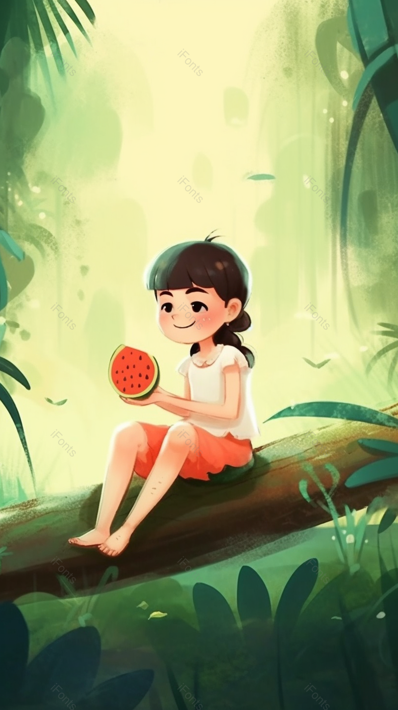 绿色深林里小女孩坐在树枝上高兴的的吃着西瓜背景,插画/手绘图,插画/手绘图库,插画/手绘图下载,插画/手绘